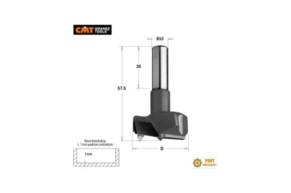 Sednik do drewna fi 20mm długość 57,5mm trzpień 10mm obroty prawe CMT ( 317.200.11 ) -C